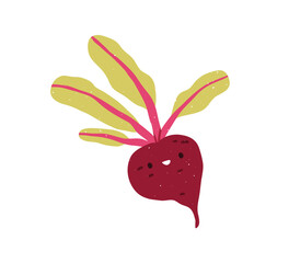 Poster - Cute happy beetroot character. Funny comic vegetable. Kawaii food emoji with smiling face emotion, expression, mood. Adorable childish kids flat vector illustration isolated on white background