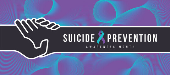 Wall Mural - Suicide prevention awareness month - Line White hand to hand care and connection to give hope on abstract lines Teal purple curve cross texture background vector design