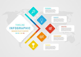 infographic template 5 step business plan for success The white square on the left contains letters. The multi-colored square in the middle contains an icon. The right square contains letters.