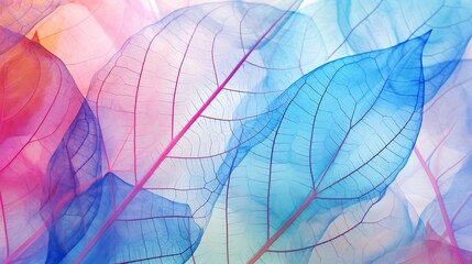 Poster - Generative AI : Macro leaves background texture blue, turquoise, pink color. Transparent skeleton leaves. Bright expressive colorful beautiful artistic image of nature.