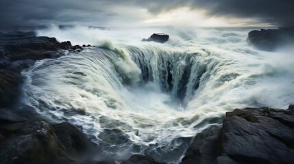 Aufkleber - Generative AI : Waves of water of the river and the sea meet each other during high tide and low tide.