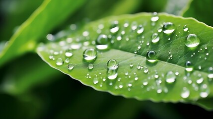 Poster - Generative AI : Large beautiful drops of transparent rain water on a green leaf macro. Drops of dew in the morning glow in the sun. Beautiful leaf texture in nature. Natural background