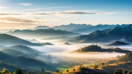 Wall Mural - Generative AI : Beautiful Landscape of mountain layer in morning sun ray and winter fog at Doi Hua Mae Kham, Mae Salong Nai, Chiangrai, Thailand