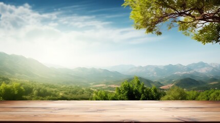 Poster - Generative AI : table background of free space for your decoration and blurred landscape of mountains.Blue sky with sun light and green small leaves.