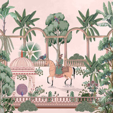 Traditional Mughal Garden, Tropical Tree, Arch, Temple, Peacock, Horse, Emperor, And Bird Vector Illustration For Wallpaper.
