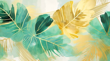 Poster - Generative AI : Abstract art background vector. Luxury minimal style wallpaper with golden line art flower and botanical leaves, Organic shapes, Watercolor. Vector background for banner, poster, Web a