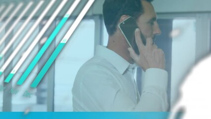 Poster - Animation of statistical data processing over caucasian man talking on smartphone at office