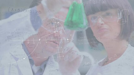 Poster - Animation of mathematical equations over diverse male and female scientists working at laboratory