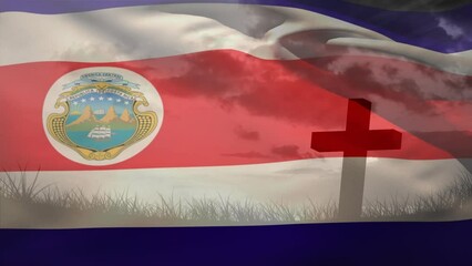 Wall Mural - Animation of waving costa rica against silhouette of a cross on grassland against clouds in the sky