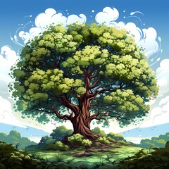 Wall Mural - Big tree in the middle of field with sky background.