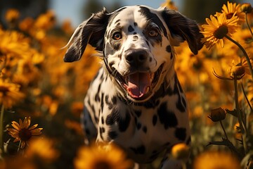 Poster - Dalmatian dog standing in field of sunflowers.