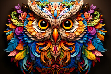 Poster - Colorful owl with large eyes and ornate patterns on it's face.