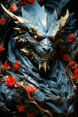 Wall Mural - Close up of statue of demon with red eyes.