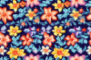 Wall Mural - Seamless Pixel art pattern with flowers. Cute floral pattern design. Vector illustration.