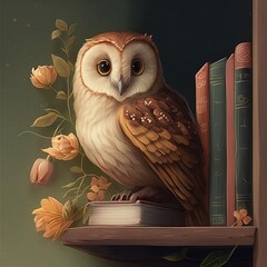 Wall Mural - owl on books Generative AI