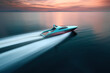 Speedboat riding on high speed in the open sea, blurred motion. Photorealistic generative art.
