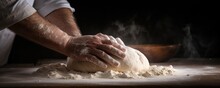 A Professional Baker Kneads Dough For Fresh Bread In His Own Bakery. Generative AI.