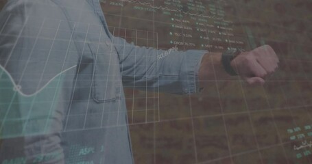 Poster - Animation of graphs and trading boards, caucasian men looking at watch and using cellphone in coffee