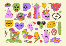 Vector Set Of Psychedelic Crazy Halloween Monsters And Elements. Alien, Ufo, Skull, Mushroom, Mouth And Other Doodles. Groovy Space Stickers. 70s And 80s Style Funky Design. Abstract Acid Art 