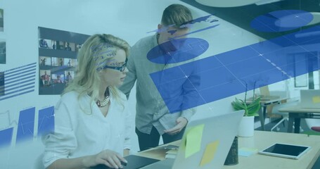 Poster - Animation of infographic interface over caucasian coworkers discussing reports in office