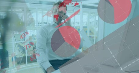 Poster - Animation of infographic interface over caucasian man talking on smartphone in office