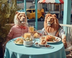 Two lions sitting and having a lunch in a local restaurant. Animals as a human, pastel colors. Abstract summer outside scene.