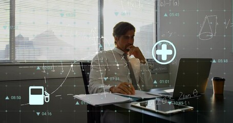 Poster - Animation of multiple icons, mathematical equation and diagrams, caucasian man working on laptop