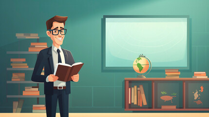 AI generated, World teacher’s day theme. Male teacher standing in front of a blackboard in the classroom, holding a book. Flat simple illustration for happy teacher's day. Copy space available. Congra