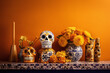 Festive sugar skulls, candle, flower arrangements and potteries on table with beautiful pattern. Celebrating Day of the Dead. Created with Generative AI technology