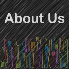 Wall Mural - About Us Spoon Fork Knife Dark Colorful Text Sketch