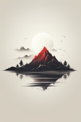 Wall Mural - A mountain with a red sun and trees. Generative AI image.