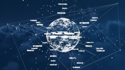 Poster - Animation of text around globe and connected dots over dense clouds in background