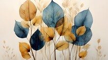 Blue Transparent Textured Tree Leaves Design. Great For Wall Art And Home Decor. Watercolor Transparent Golden And Dark Blue Leaves . Ai Generative.