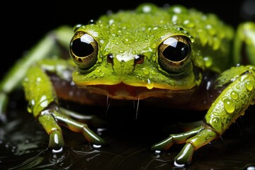 Canvas Print - A green frog with water droplets on its body. Generative AI image.