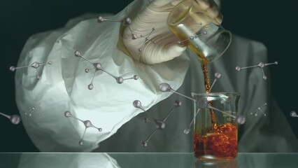Poster - Animation of floating nucleotides over midsection of scientist pouring liquid in beaker