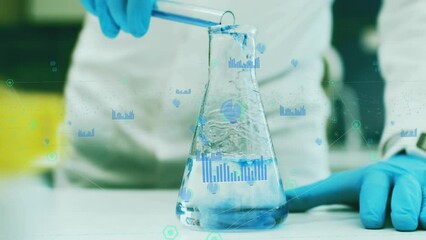 Poster - Animation of connected dots, graph icons, midsection of scientist pouring liquid in beaker