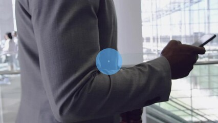 Poster - Animation of connected icons, notification bars, african american man walking and using phone