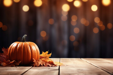 Wall Mural - Pumpkin and autumn leaves on wood with bokeh lights and copy space, fall and halloween background