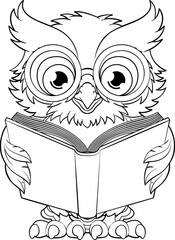 Wall Mural - Wise Old Owl Cartoon Cute Character Reading Book