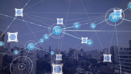 Poster - Animation of icons connected with lines over modern cityscape against sky