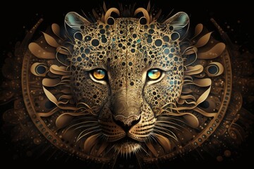 Creative art - colourful leopard head on dark background. Mandala, ethnic design