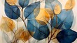 © Lucky Ai - Blue transparent textured tree leaves design. Great for wall art and home decor. Watercolor transparent golden and dark blue leaves . Ai generative.