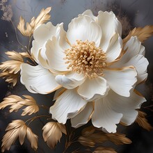 Golden And White Flower On Black Marble Background. White Magnolia Flower Wall Art. Abstract Art Painting For Wall Frames. Elegant Light Beige And Bronze Flower Wall Art. Ai Generative.
