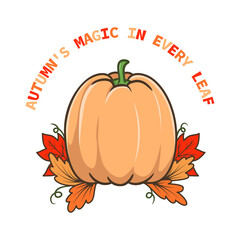 Wall Mural - Cartoon pumpkin with autumn leaves and text 
