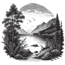 Hand Drawn Engraving Pen And Ink Lake Landscape Vintage Vector Illustration
