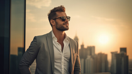 attractive young businessman or executive man posing near offices and skyscrapers. professional ambition and confidence