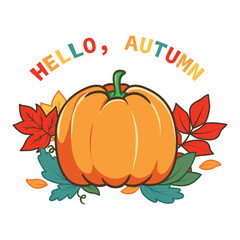 Wall Mural - Cartoon pumpkin with autumn leaves and text 