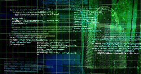 Poster - Animation of padlock, computer language, letters, numbers and padlock over server room