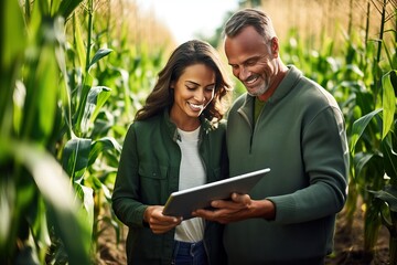 Wall Mural - a modern farmer and his wife in a corn field using a digital tablet, farming photo concept