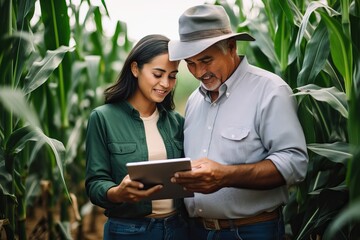 Wall Mural - a modern farmer and his wife in a corn field using a digital tablet, farming photo concept